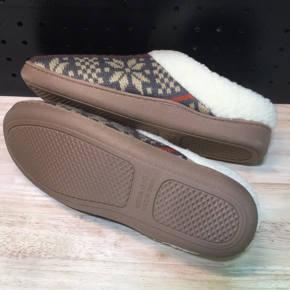 New‎ WB Mens Deer Stags Sherpa-Lined Fair Isle Slippers - Brown & Cream